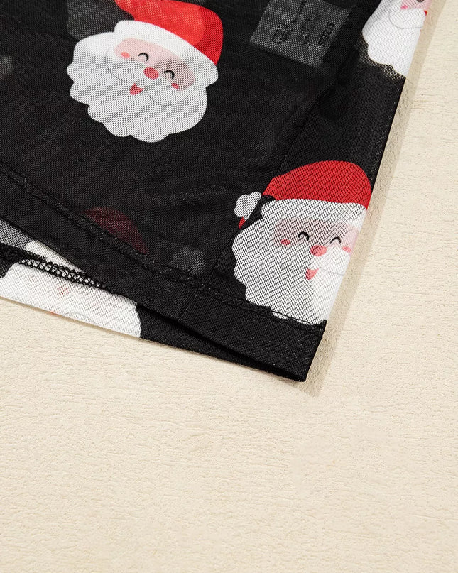 Christmas Santa Print Mesh Long Sleeve Top
