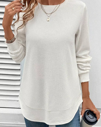 Rounded Neck Waffle Long Sleeve Top