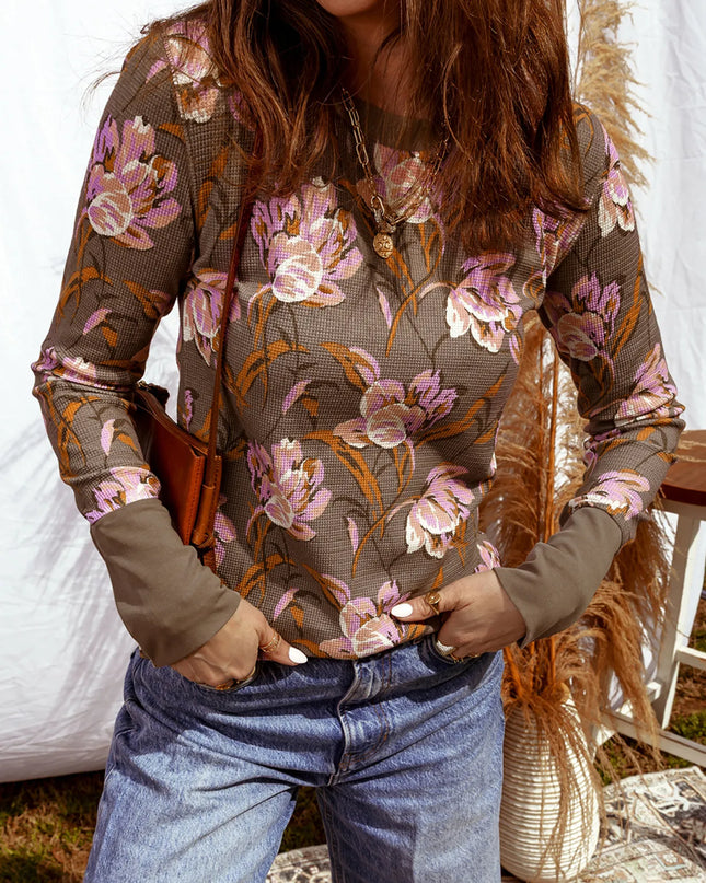 Floral Print Waffle Textured Long Sleeve Top
