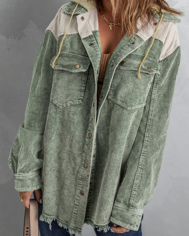 Snap Front Hooded Corduroy Shacket Gum Leaf