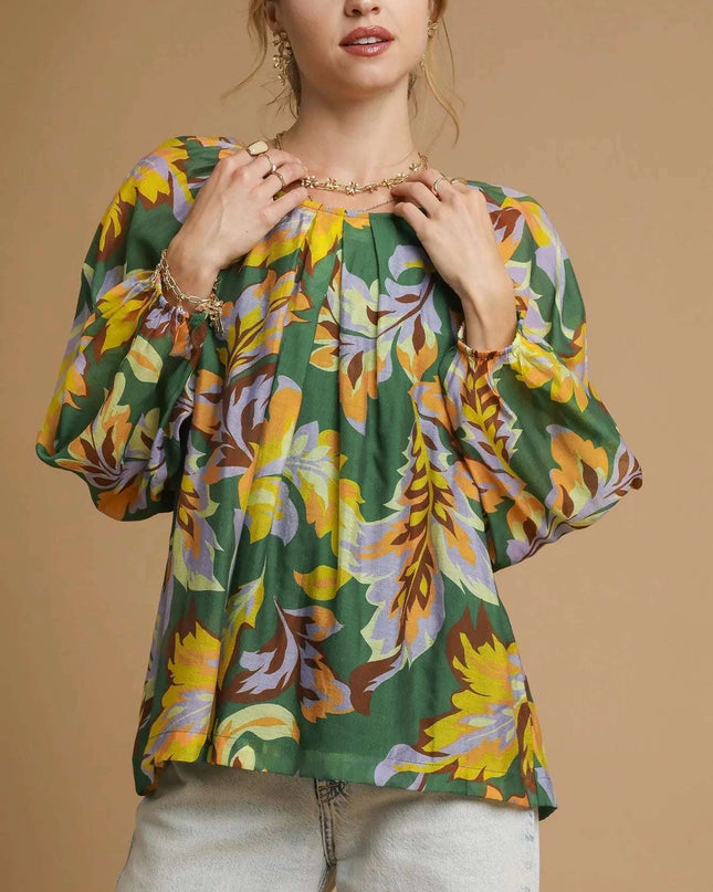 Umgee Mix Abstract Print Balloon Sleeve Blouse GREEN MIX
