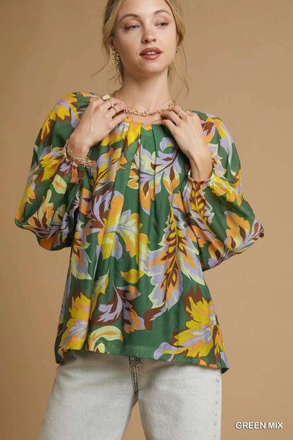 Umgee Mix Abstract Print Balloon Sleeve Blouse GREEN MIX