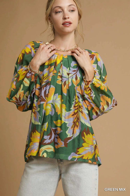 Umgee Mix Abstract Print Balloon Sleeve Blouse GREEN MIX