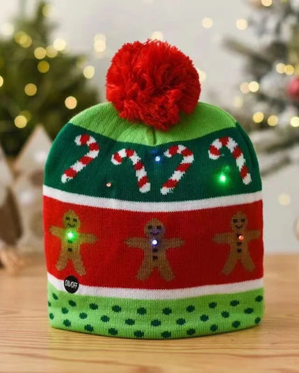 Autumn And Winter Fashion Christmas Hat Colorful Luminous Warm Adult With Ball Hat Christmas LED Light Knitted Hat Candy Biscuits