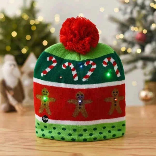 Autumn And Winter Fashion Christmas Hat Colorful Luminous Warm Adult With Ball Hat Christmas LED Light Knitted Hat Candy Biscuits