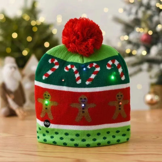 Autumn And Winter Fashion Christmas Hat Colorful Luminous Warm Adult With Ball Hat Christmas LED Light Knitted Hat