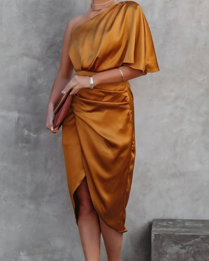 One-Shoulder Satin Wrap Dress with Side Slit Orange