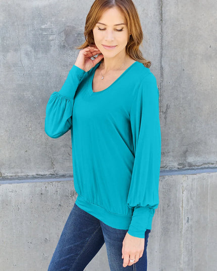 Basic Bae Full Size V-Neck Lantern Sleeve Top