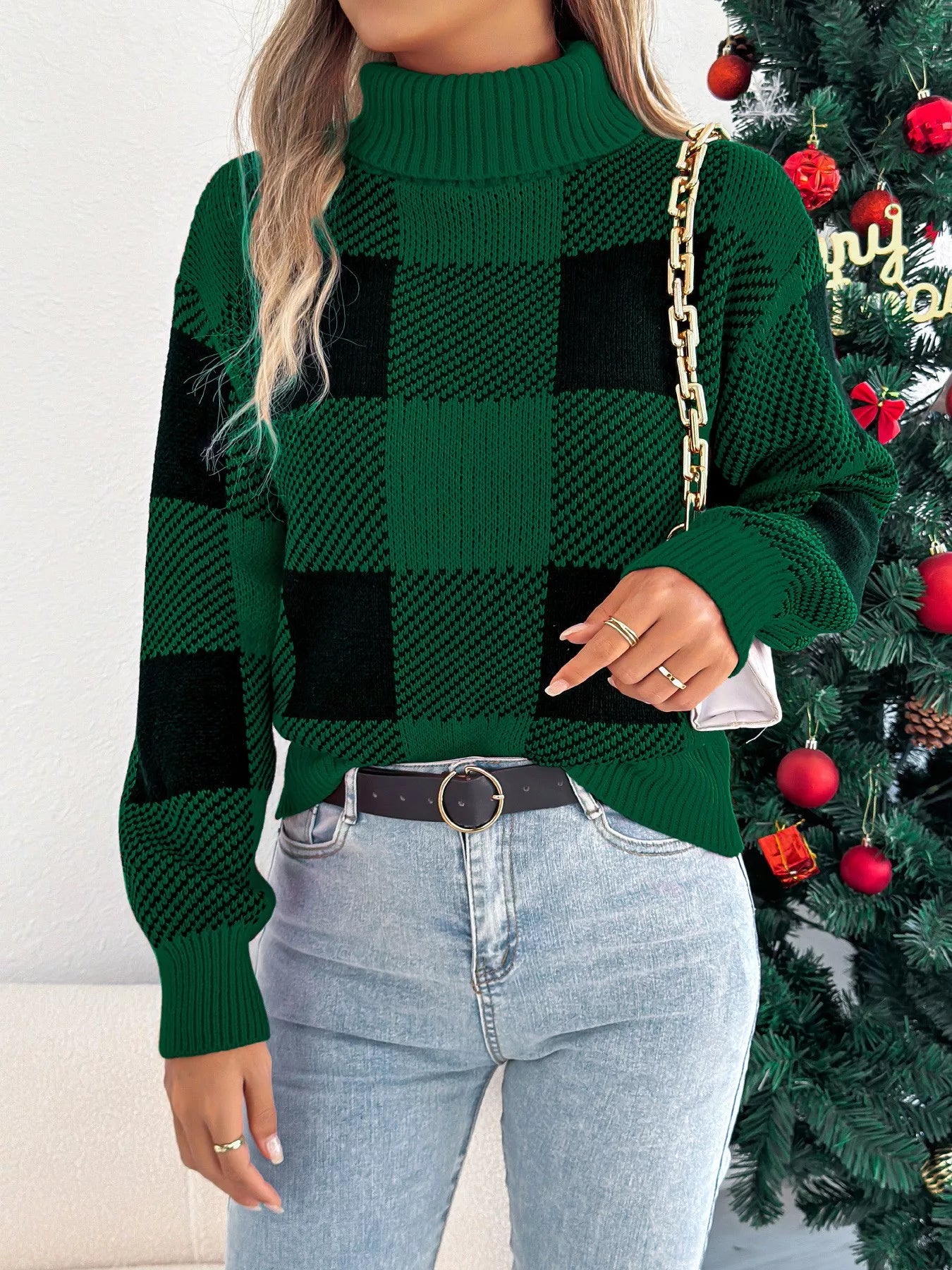 Christmas Plaid Long Sleeve Turtleneck Sweater