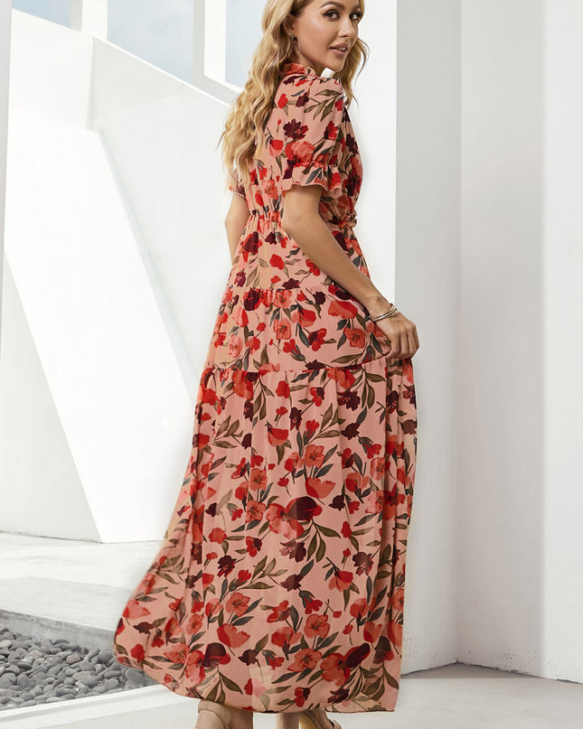 Floral V-Neck Short Flounce Sleeve Dress 