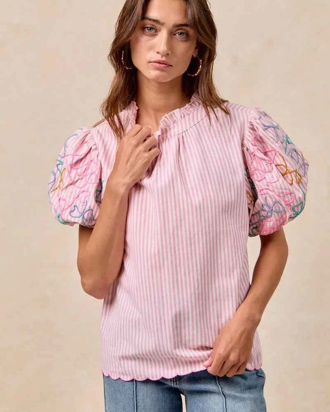 BiBi Embroidery Bubble Sleeve Top With Bottom Scallop Detail
