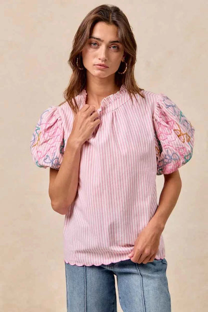 BiBi Embroidery Bubble Sleeve Top With Bottom Scallop Detail