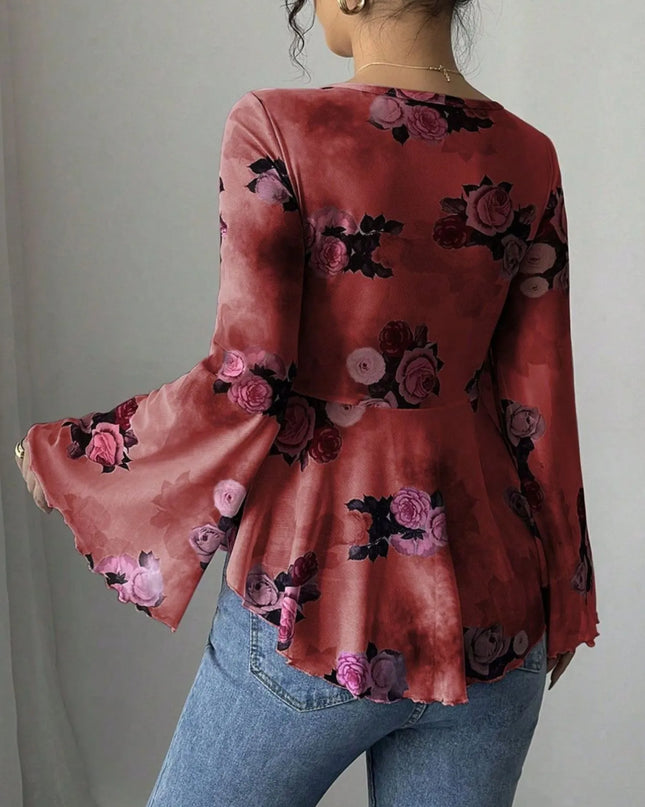 Floral Tie Front Flare Sleeve Blouse