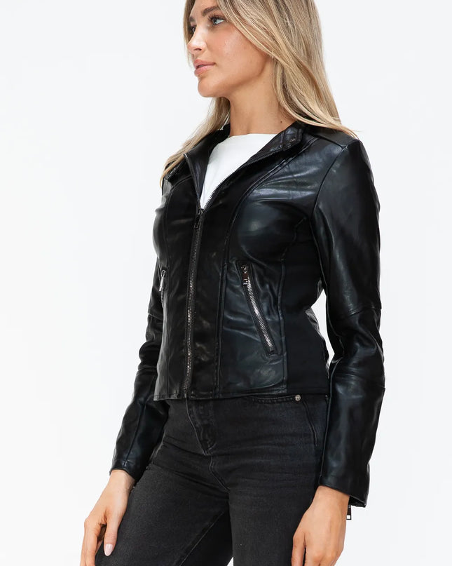 Snobbish Faux Leather Zip Up Drawstring Hooded Jacket