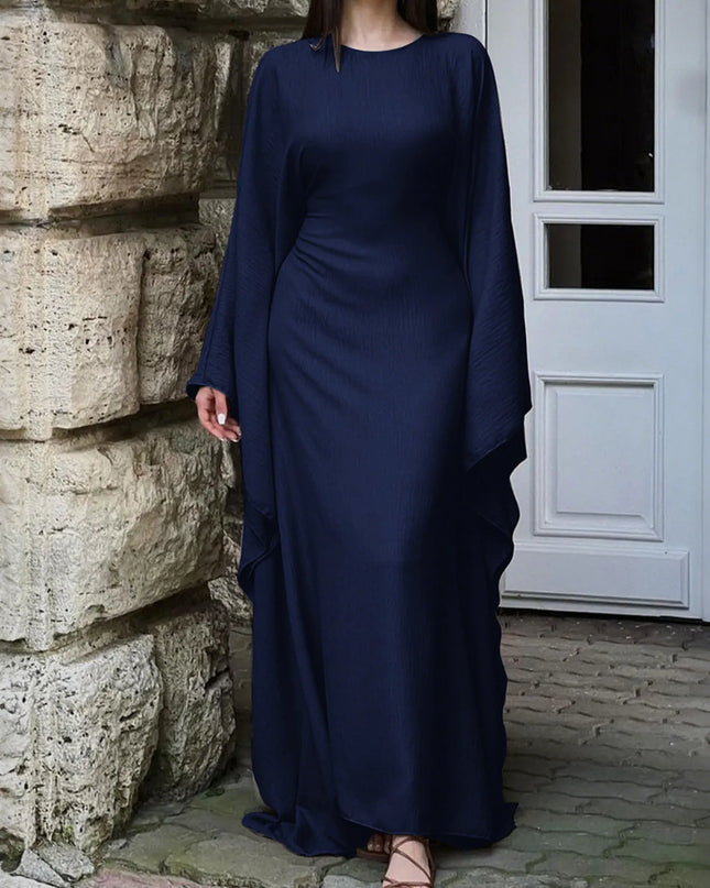Round Neck Maxi Dress with Flowing Cape Sleeves Dark Navy
