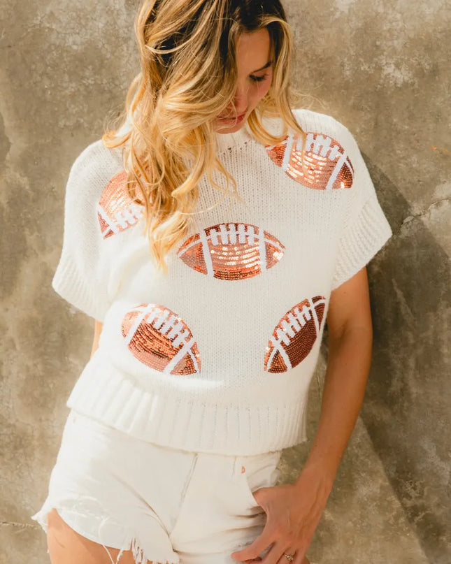 BiBi Gameday Sequin Football Patches Rib Banded Sweater