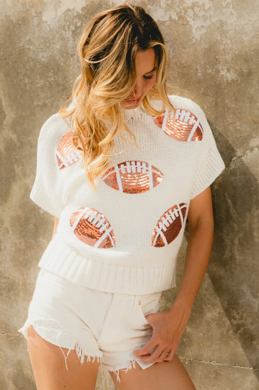 BiBi Gameday Sequin Football Patches Rib Banded Sweater
