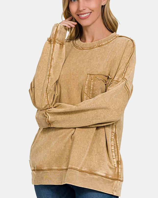 Zenana Exposed Seam Round Neck Dropped Shoulder Sweatshirt Camel