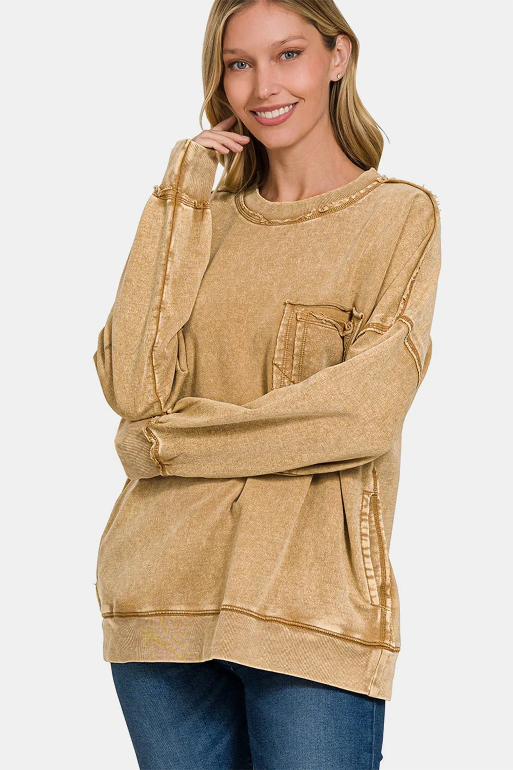Zenana Exposed Seam Round Neck Dropped Shoulder Sweatshirt Camel