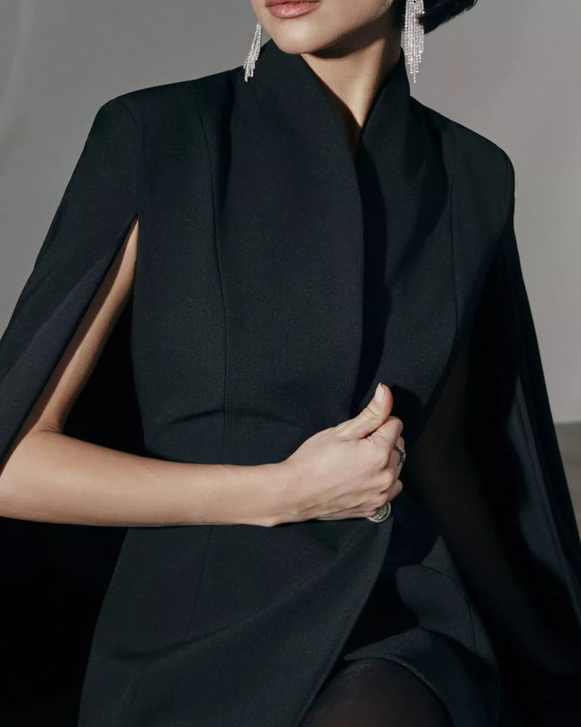 One Button Fitted Mini Blazer Dress with Cape Sleeves