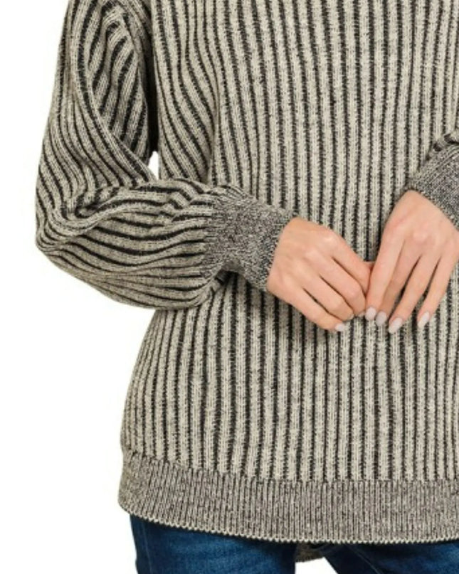 Zenana Curved Hem Two-Tone Ribbed Sweater