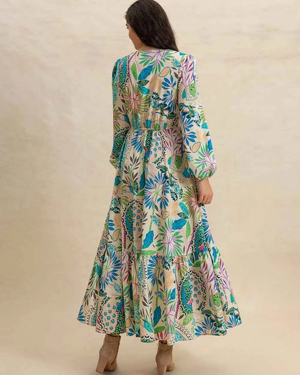 Slit Printed V-Neck Long Sleeve Midi Dress