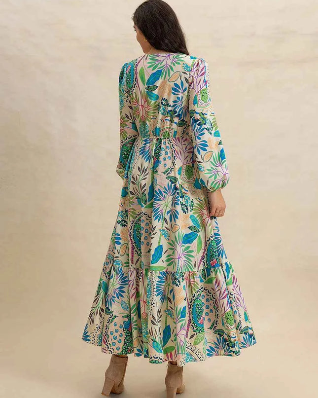 Slit Printed V-Neck Long Sleeve Midi Dress