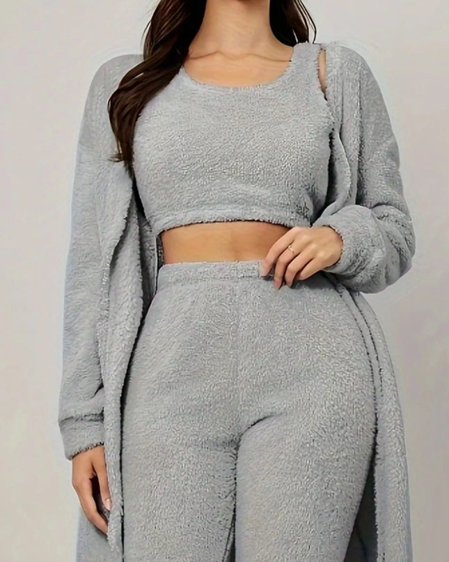 Fuzzy Tank Long Sleeve Cardigan and Pants 3-Piece Lounge Set
