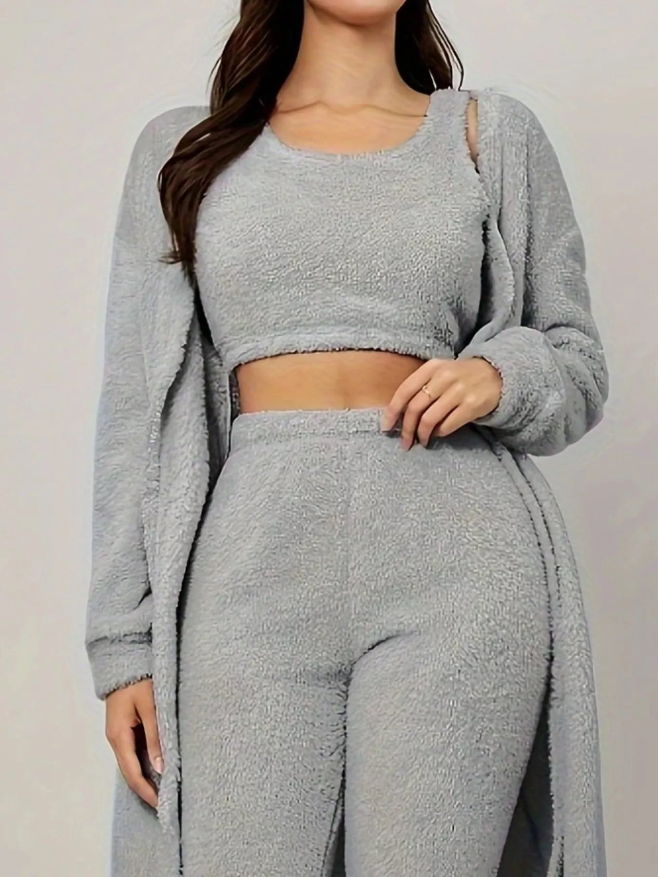 Fuzzy Tank Long Sleeve Cardigan and Pants 3-Piece Lounge Set