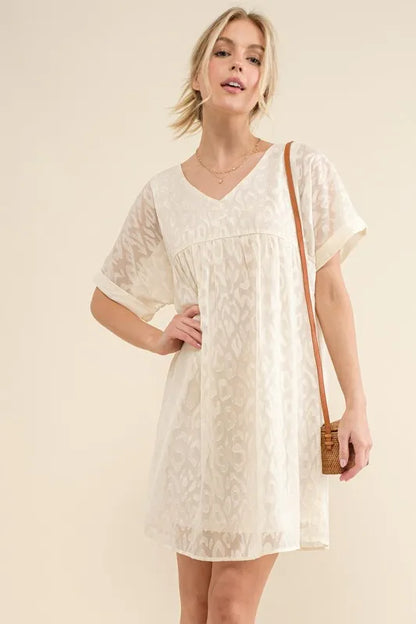 And The Why Woven Leopard Baby Doll Roll-Sleeve Casual Dress