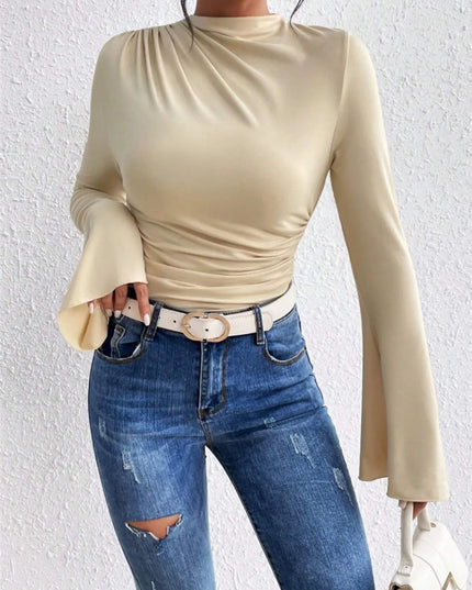 Bell Sleeve Ruched Fitted T-Shirt with Mock Neck