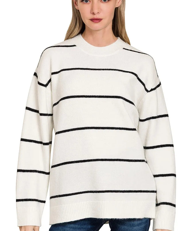 Zenana Round Neck Stripe Sweater IVORY BLACK