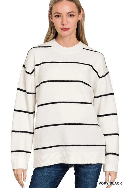 Zenana Round Neck Stripe Sweater IVORY BLACK