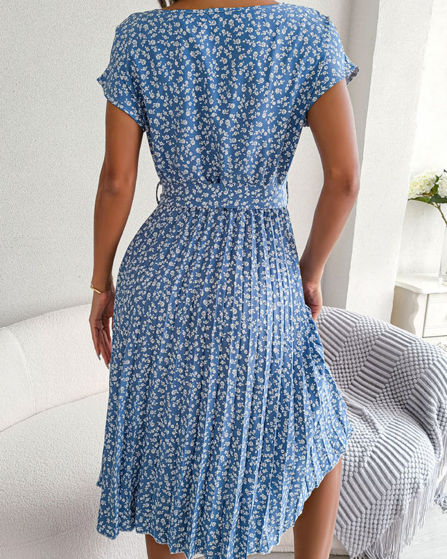 Ditsy Floral Pleated Belted Dress