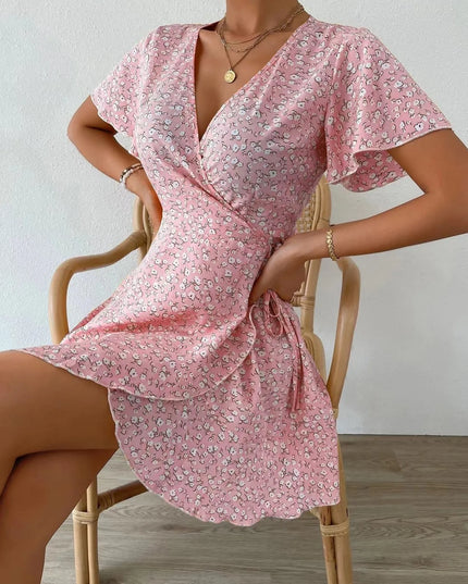 Floral Flutter Sleeve Wrap Mini Dress Pink