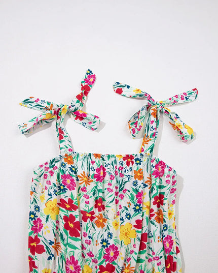 Floral Knotted Straps Cinched Waist Ruffle Hem Mini Dress