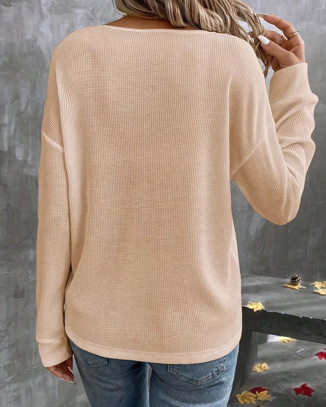 Plus Size V-Neck Long Sleeve Waffle Knit T-Shirt