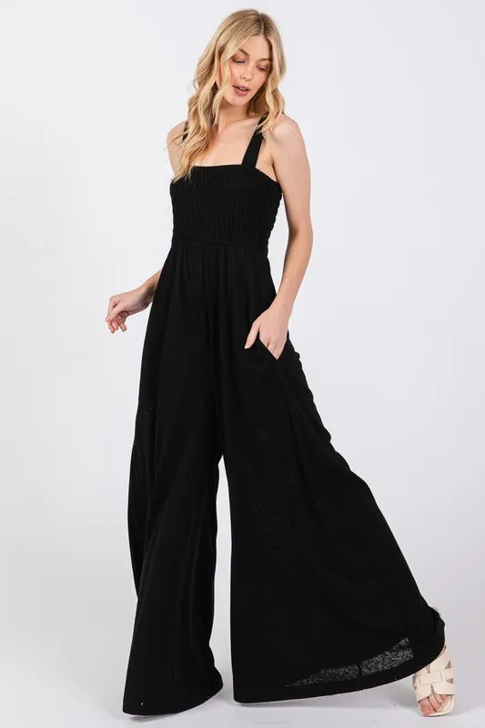 SAGE+FIG Smocked Flowy Wide Leg Jumpsuit BLACK