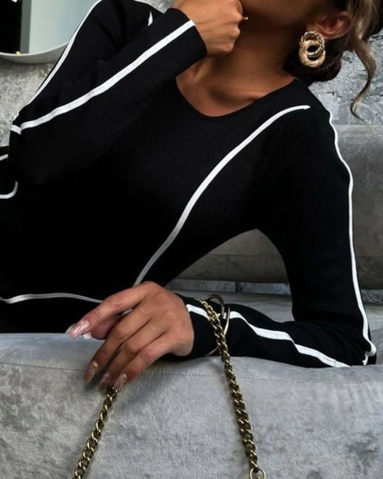 Striped Round Neck Long Sleeve Maxi Knit Dress Black