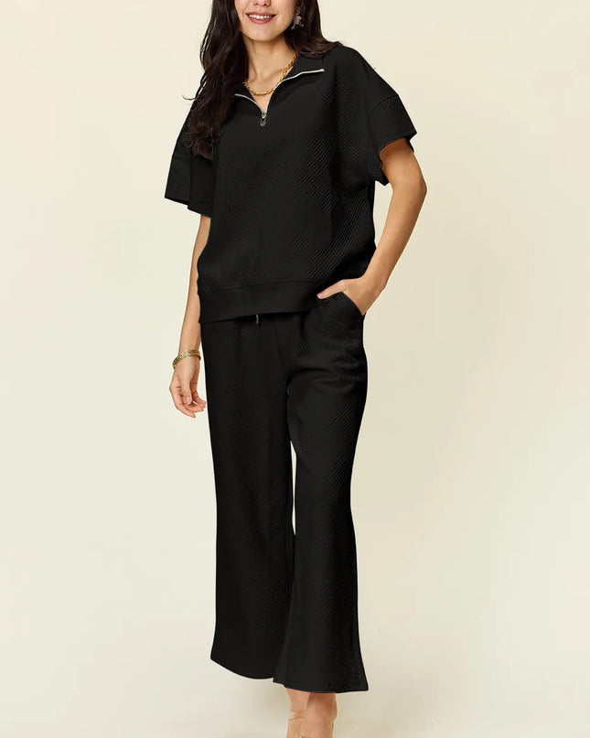 Double Take Full Size Texture Half Zip Short Sleeve Top and Pants Set Black
