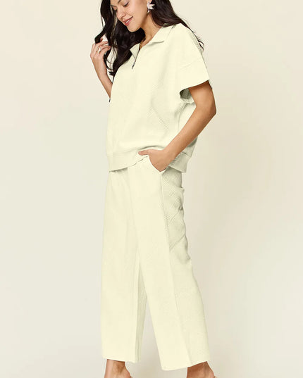 Double Take Full Size Texture Half Zip Short Sleeve Top and Pants Set