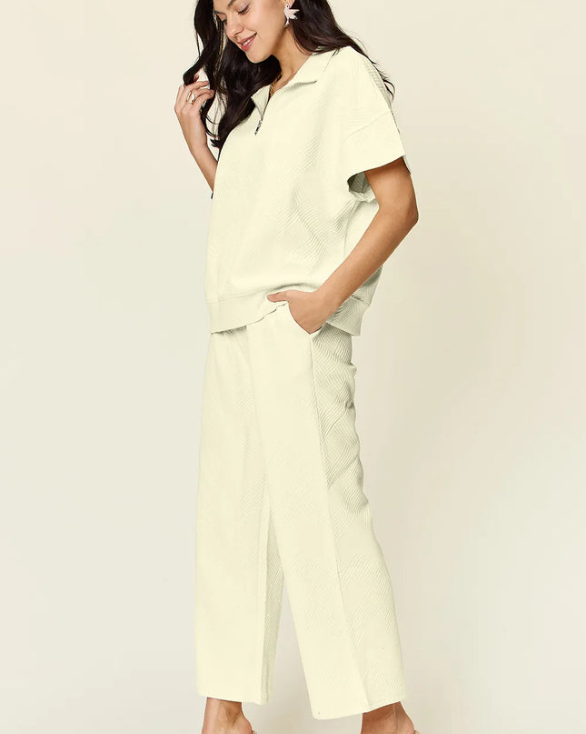 Double Take Full Size Texture Half Zip Short Sleeve Top and Pants Set