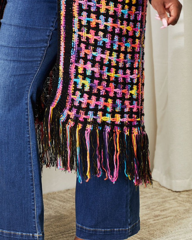 Angel Wings Full Size Multicolored Open Front Fringe Hem Cardigan