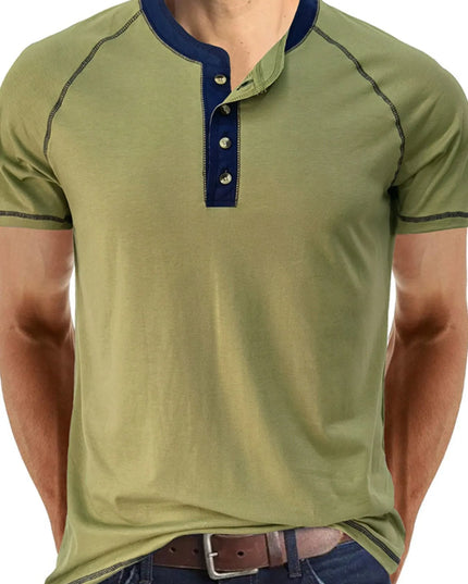 Men's Contrast Trim Henley Polo Shirt Matcha Green