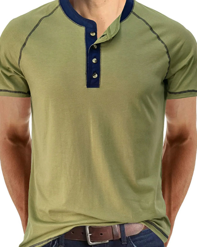Men's Contrast Trim Henley Polo Shirt Matcha Green