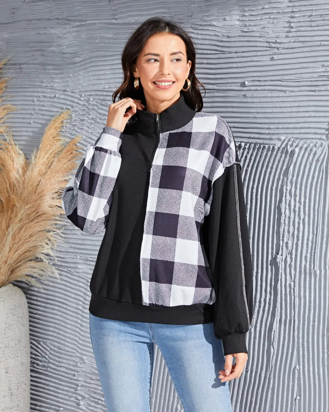 Plaid Exposed Seam Long Sleeve Blouse