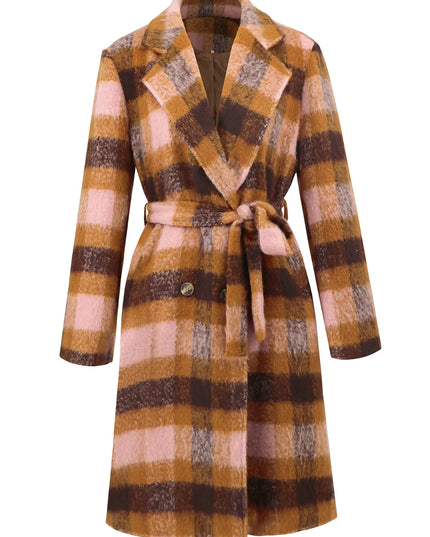 Tied Plaid Collared Neck Coat