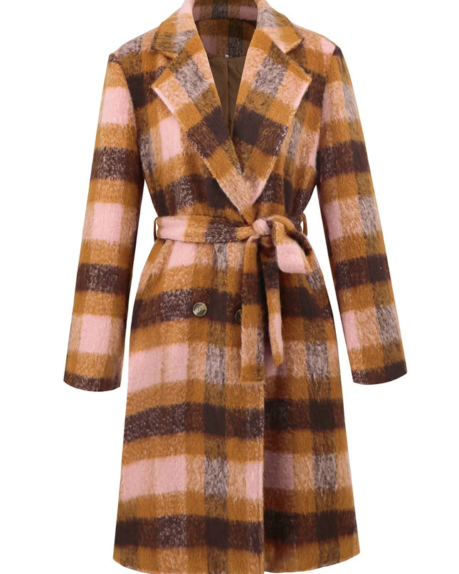 Tied Plaid Collared Neck Coat