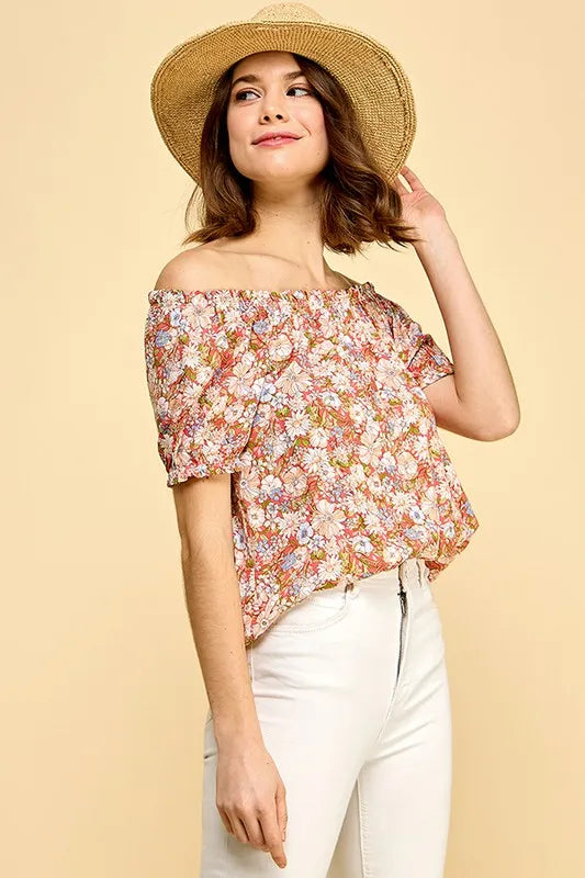 Lime 'N' Chili Floral Print Short Sleeve Off-The-Shoulder Blouse