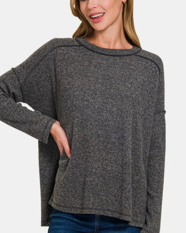 Zenana Full Size Exposed Seam Brushed Round Neck Sweater Black